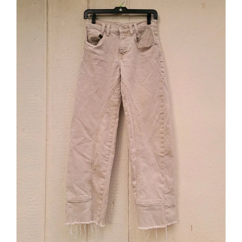 We The Free Risk Taker High Rise Straight Jeans Tan Raw Hem Sz 24 Boho Festival